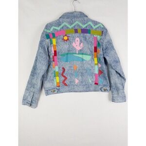 Lili Sidonio Denim Jacket Womens Printed Small Button Up Collared Cotton Trucker
